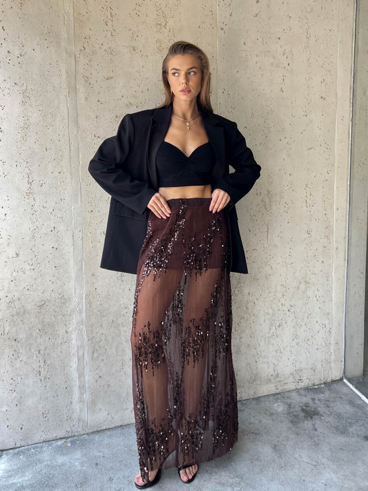 Jodie Sequin Mesh Skirt in Brown