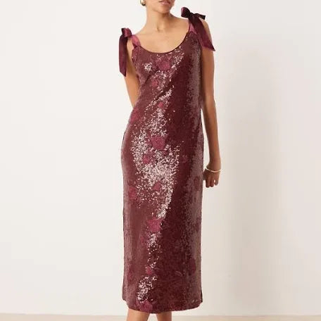 Romy Tie Sequin Midaxi Dress in Wine Floral