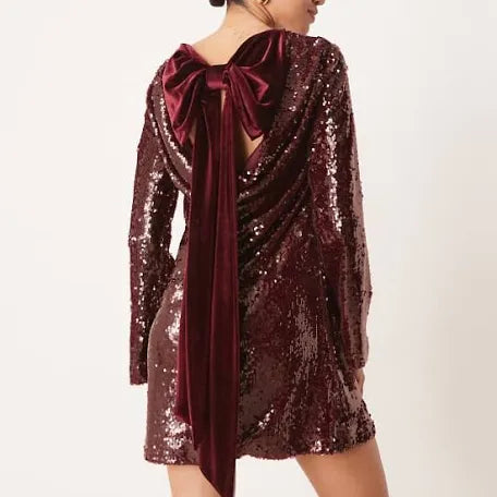 Brioni Sequin Bow Mini Dress in Wine