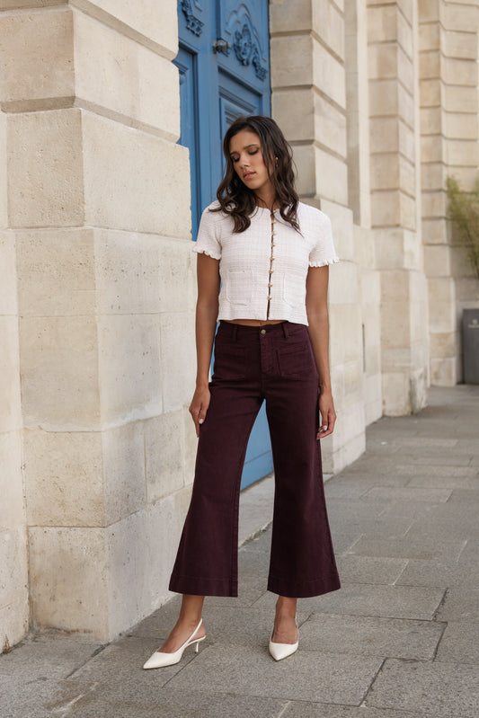 Gasparette Cropped Wide leg Jeans in Burgundy