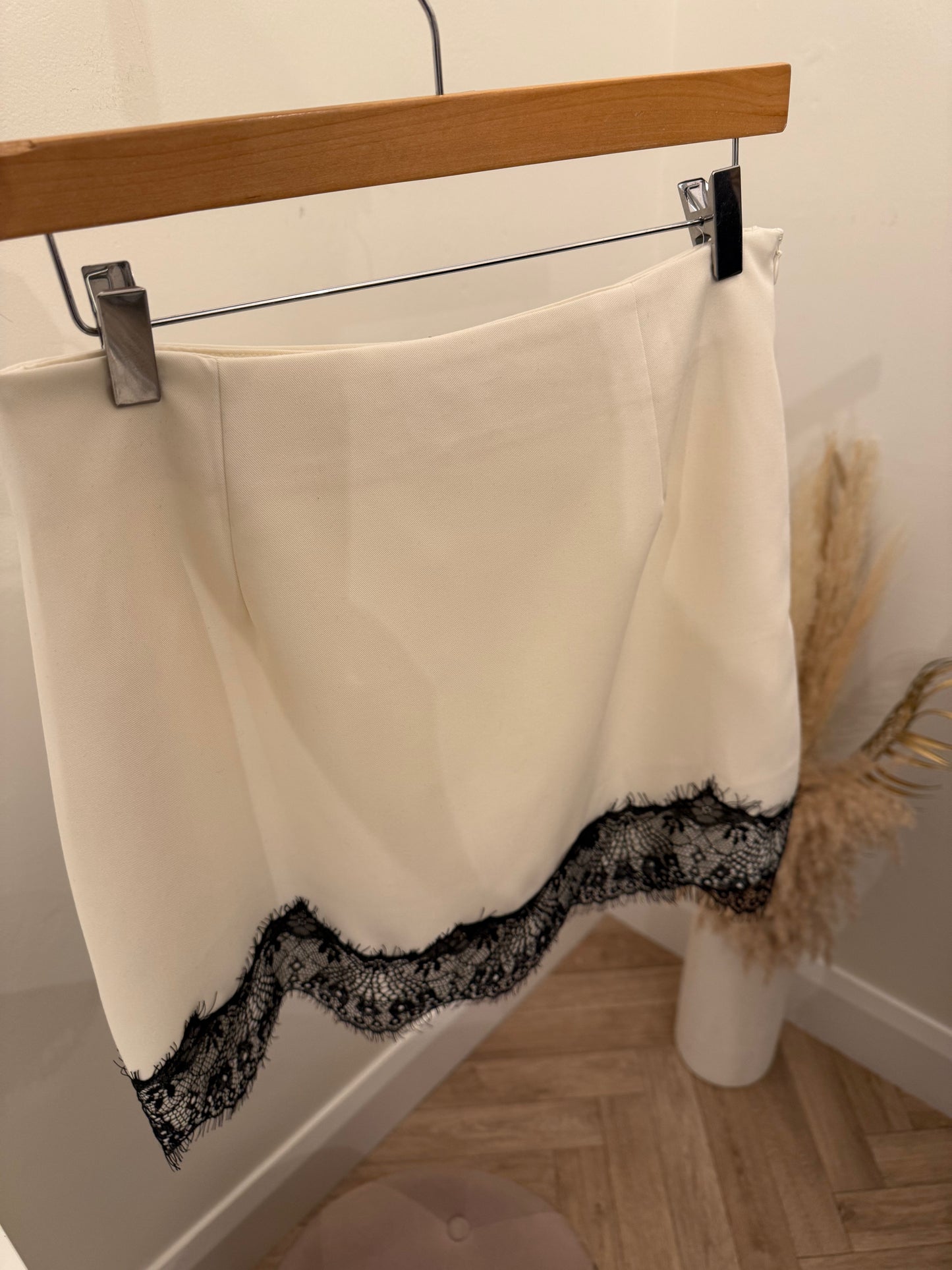 Kasey Mini Skirt in Cream & Black Lace Trim
