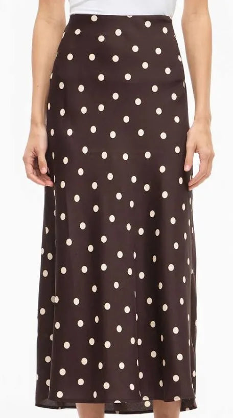 Viellette Satin polka dot Midi Skirt in brown