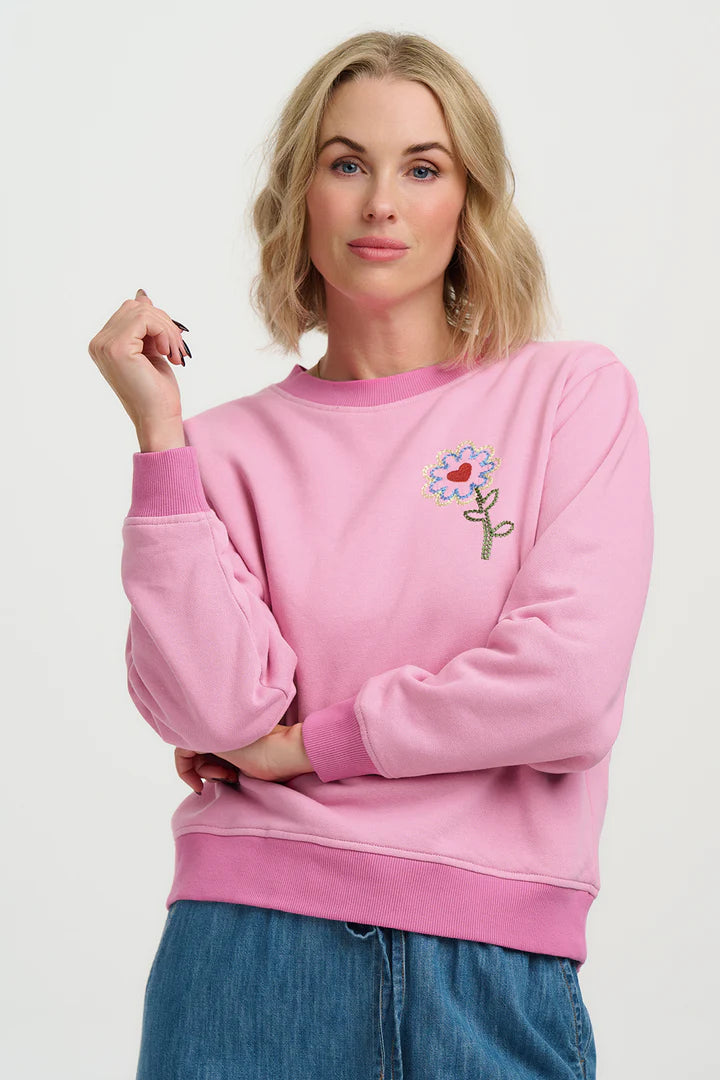 Mindy Blouson Sleeve Sweatshirt - Pink, Heart Flower
