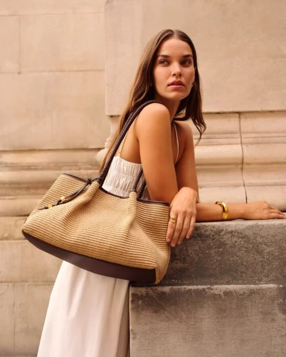 Nova Raffia Small Shoulder Tote in Chocolate