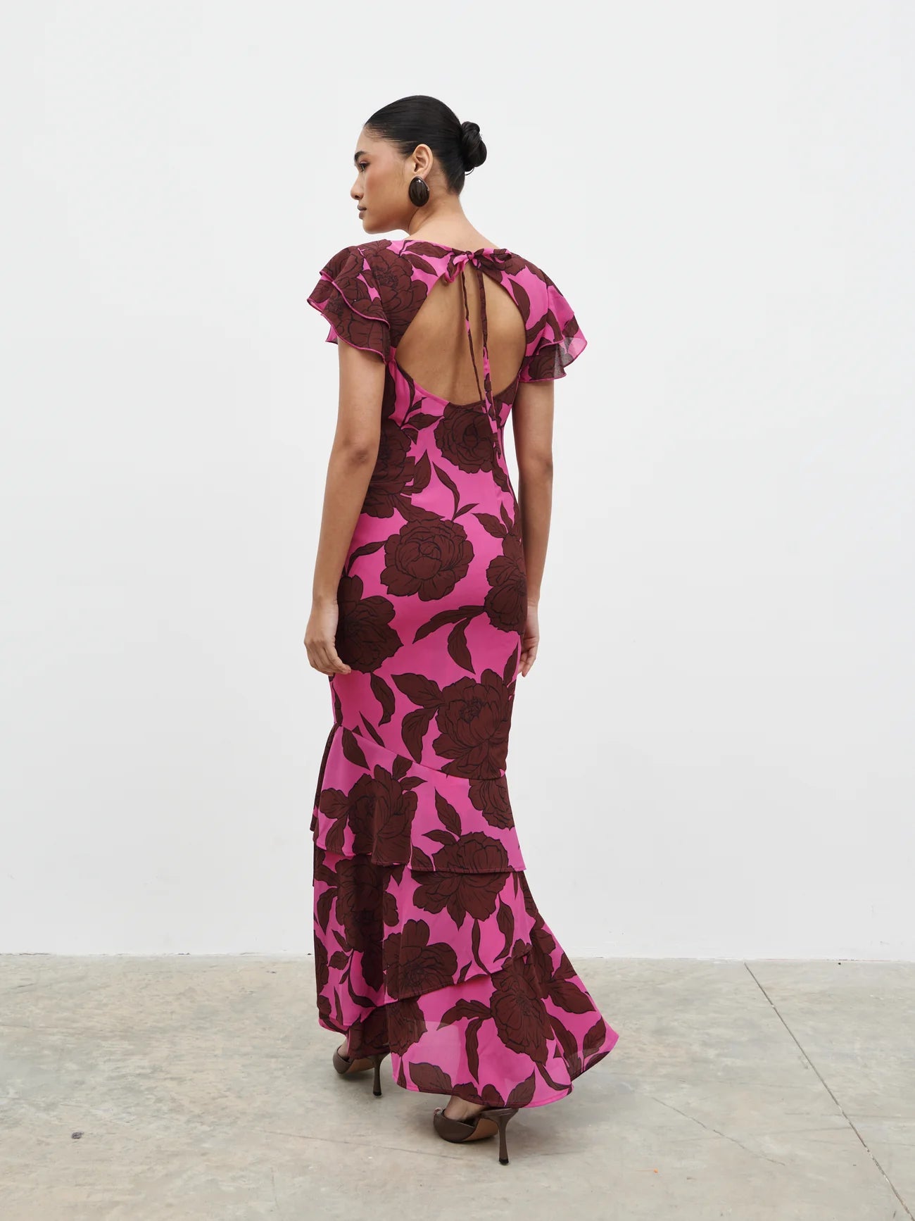 Ester Ruffle Maxi Dress in Brown and Fuchsia Floral