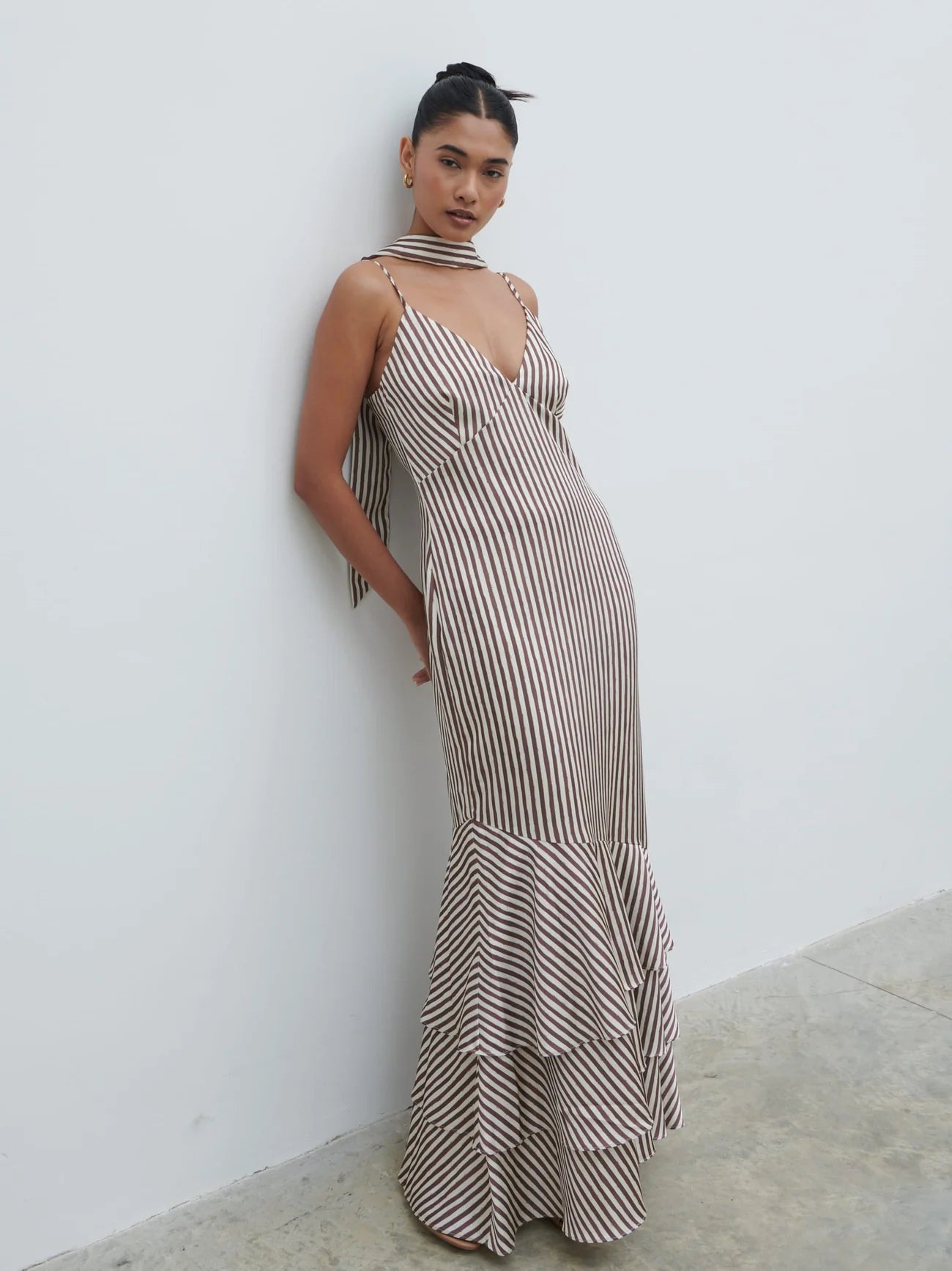 Serita Tiered Maxi Dress in Brown and Cream Stripe