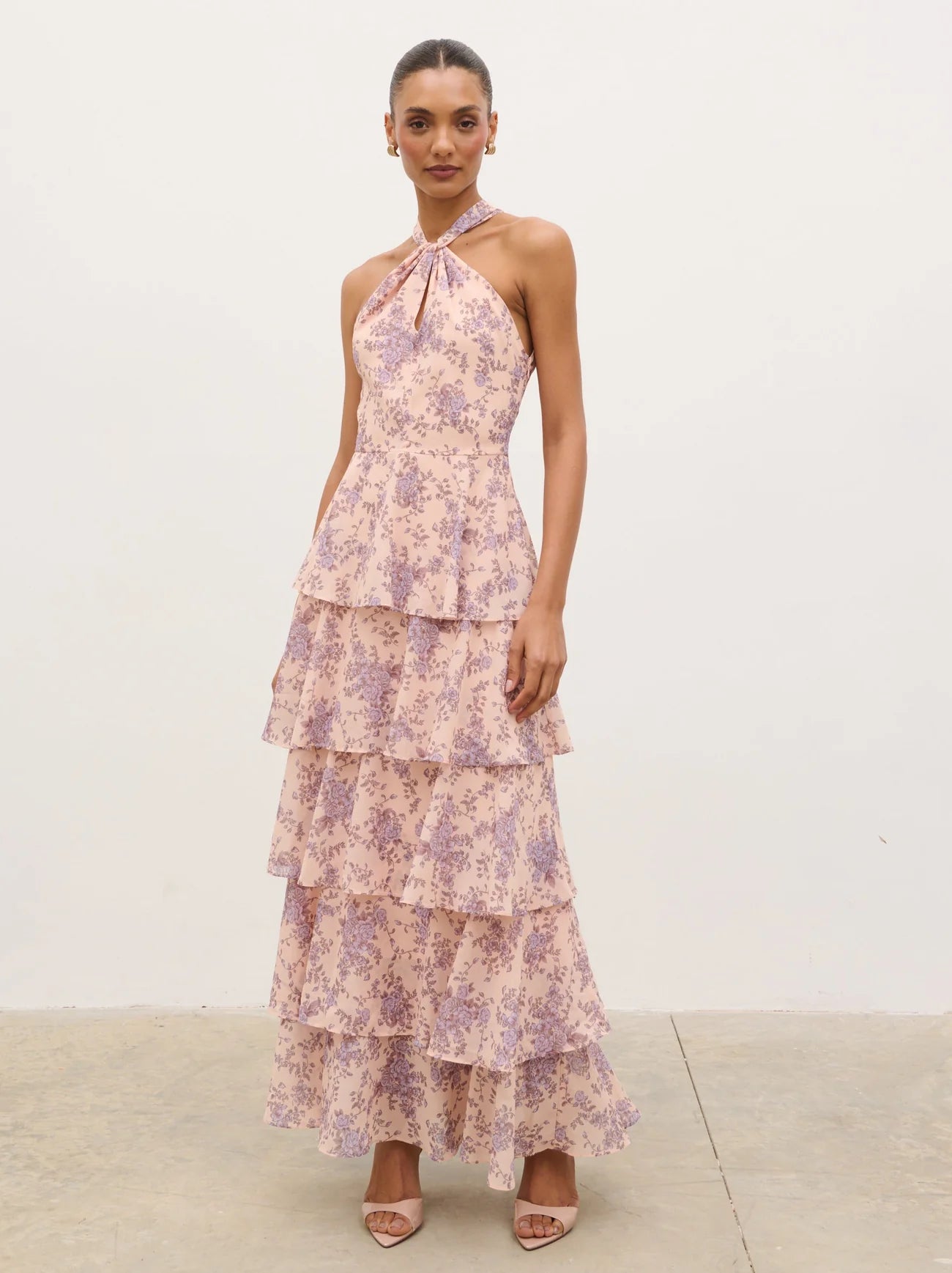 Hester Halterneck Ruffle Maxi Dress in Apricot & lilac floral