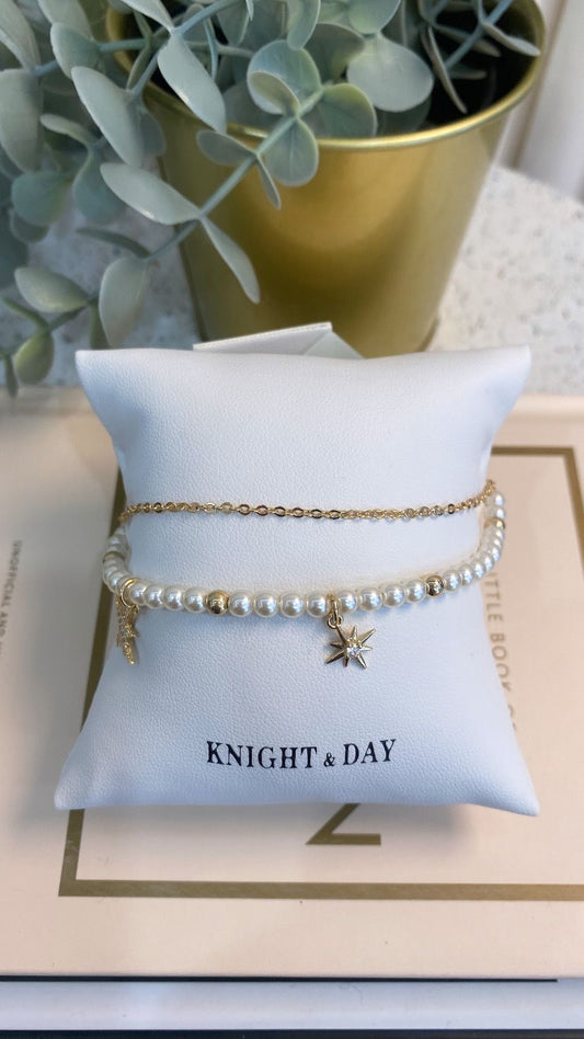 Tiny Pearl and Star Layered Bracelet