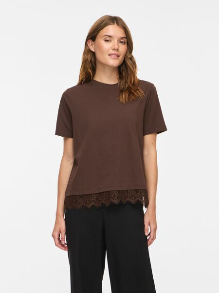 Vinora Lace Trim T Shirt in Coffee Bean