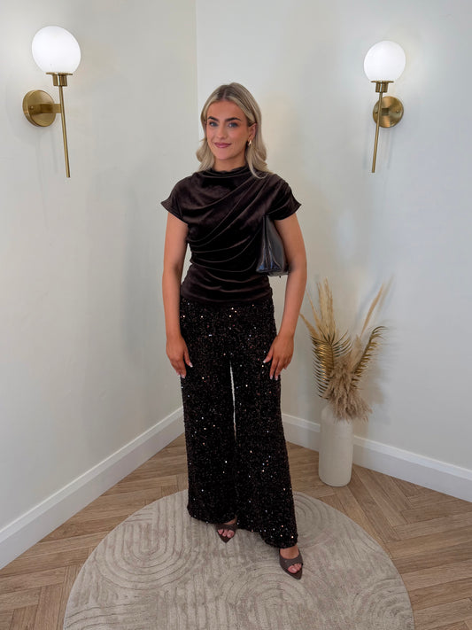 Darcie Sequin Trousers in Brown