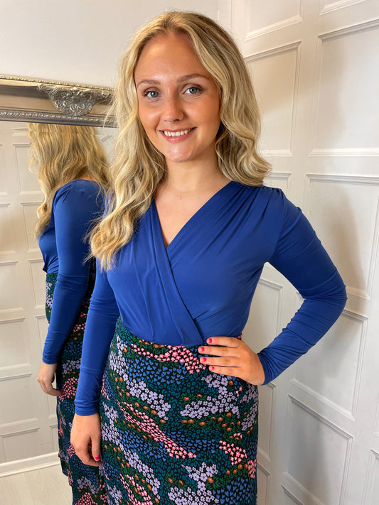 V Neck Long Sleeve Bodysuit Blue