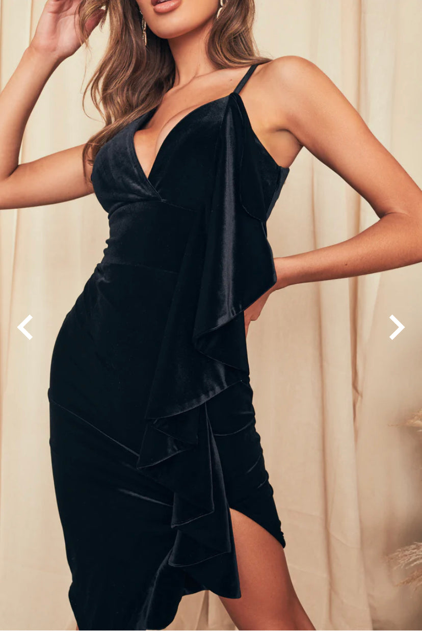 Velvet Frill midi Dress in Black