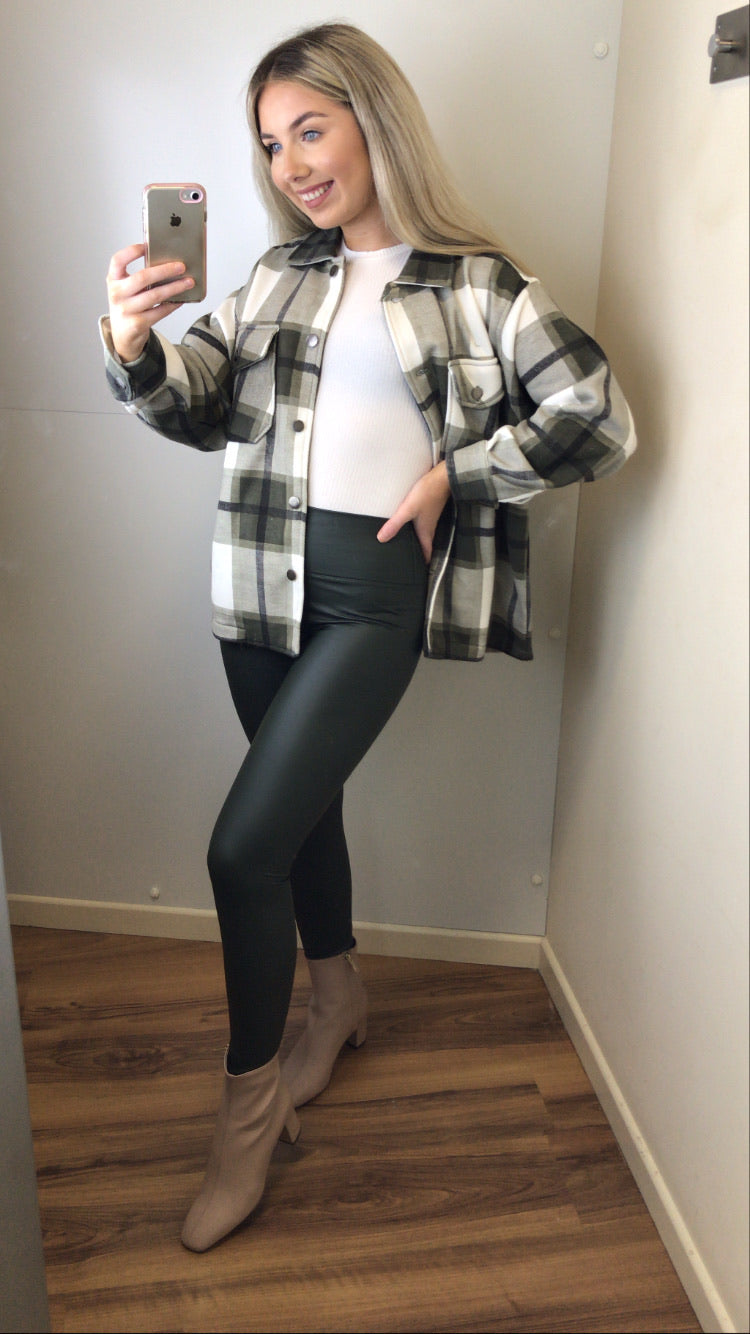Khaki Leather Look Leggings