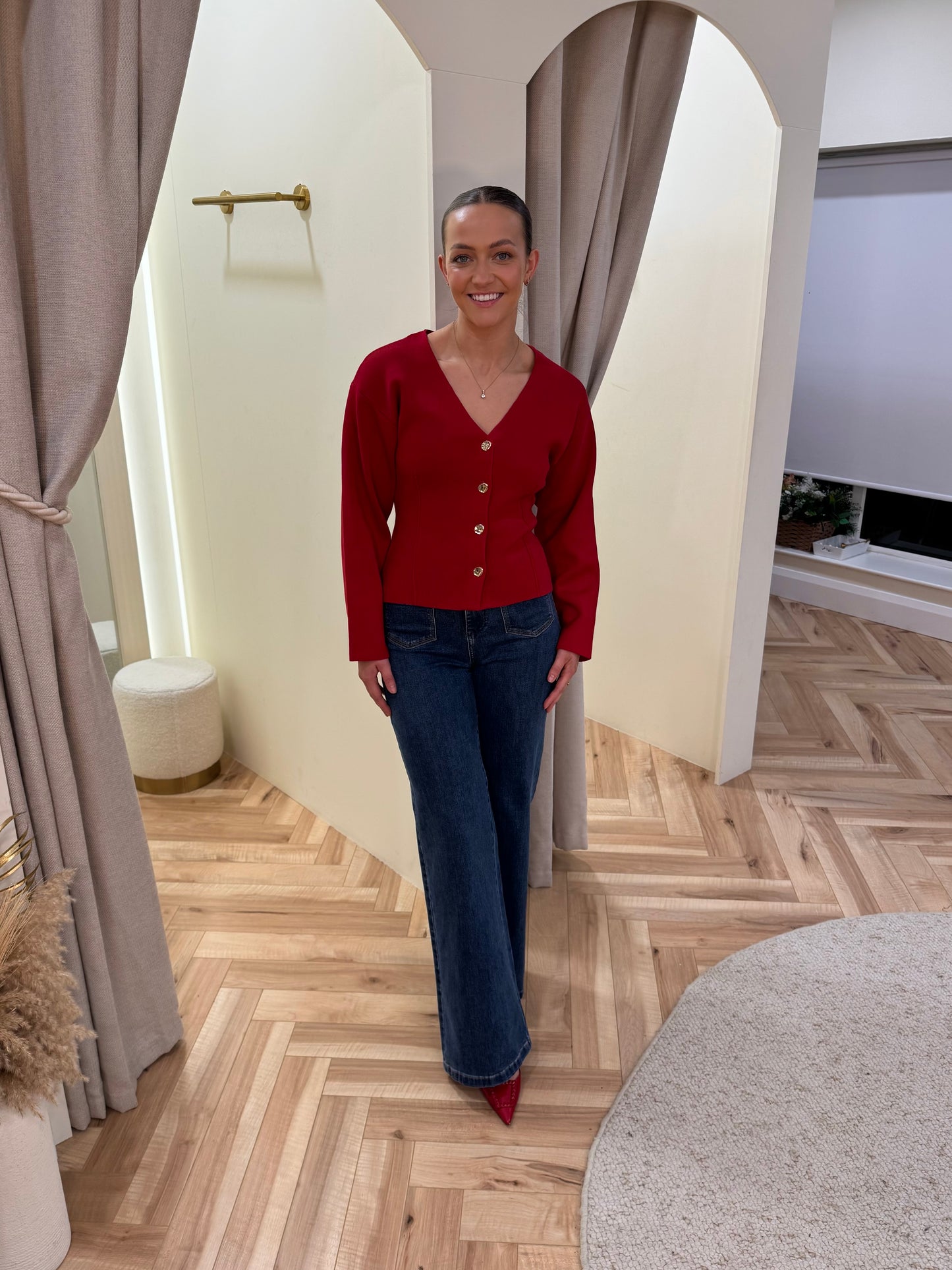 Visway red knit cinched cardigan