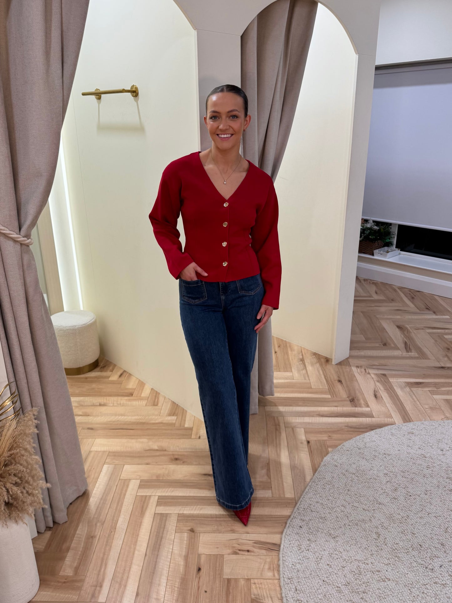 Visway red knit cinched cardigan