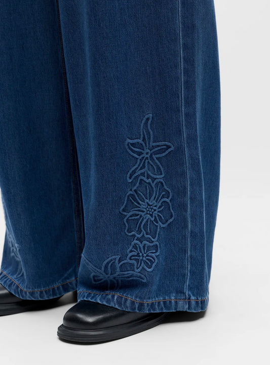 Objframe denim embroidered trouser