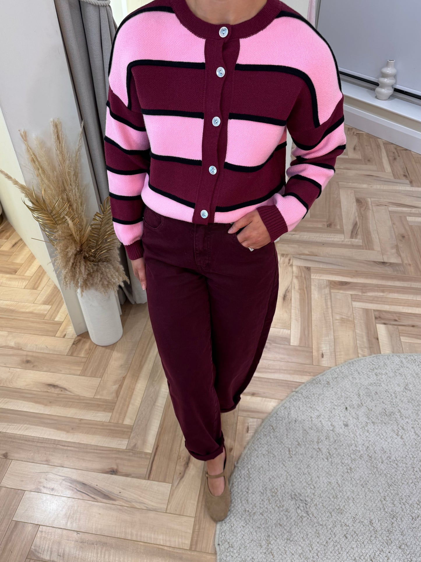 Bronte Stripe Cardigan in Pink and Burgundy