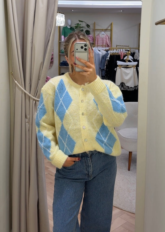 Cassie argyle cardigan in blue & yellow