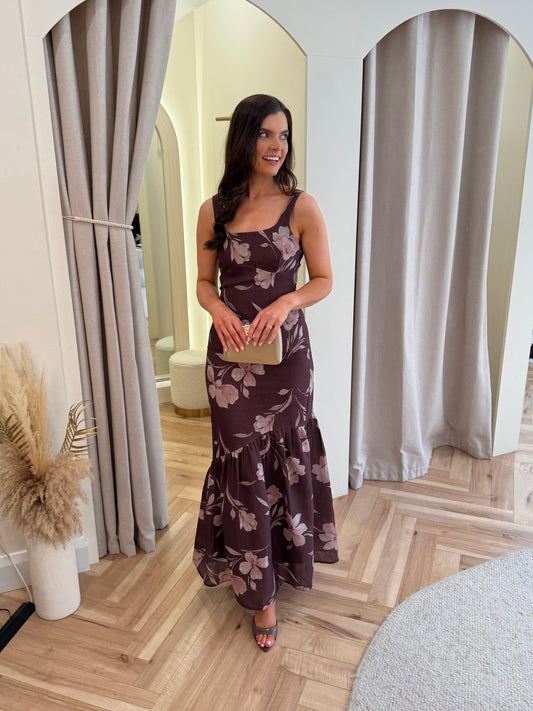 Kaia Scoop Neck Printed Frill Maxi Dress