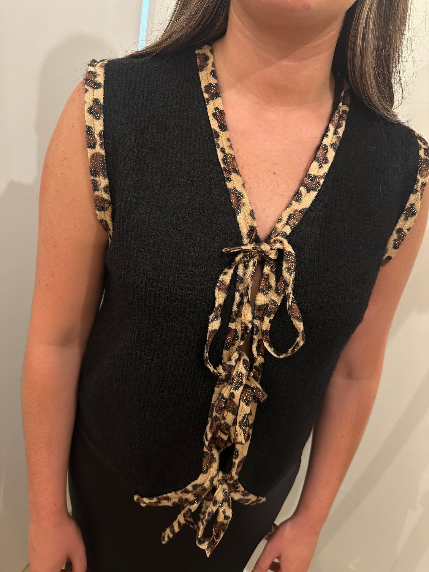 Black Leopard Trimmed Knit Waistcoat