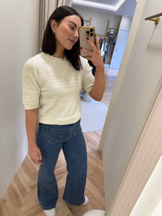 Vimilos S/S O neck Pointelle Top in Whisper White