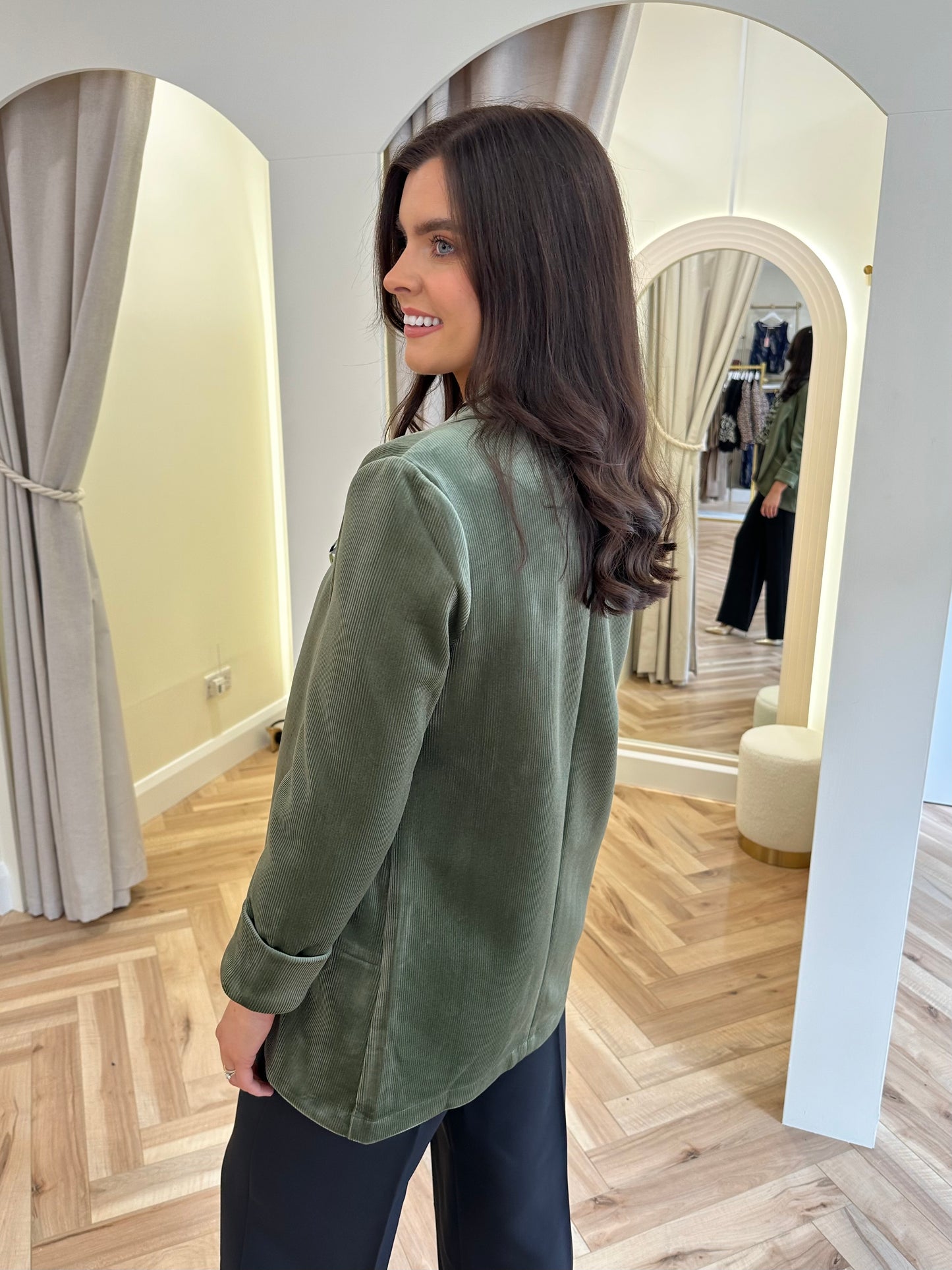 Traffic People Velvet Cord Boyfriend Jacket in Green