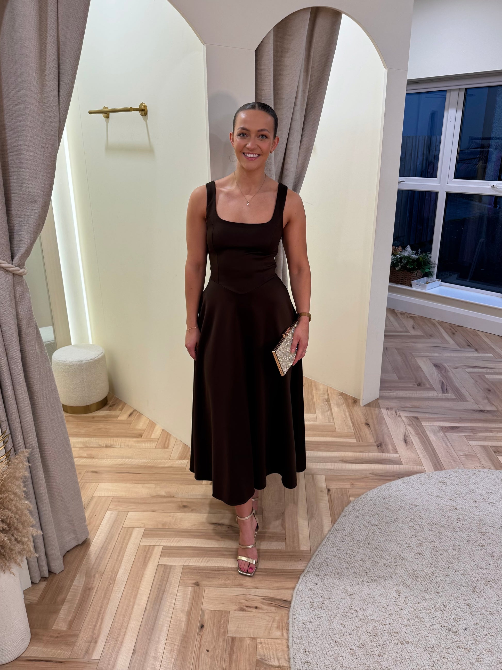 Chocolate Square Neck A-line Midi Dress All Occasions Closet Chocolate Square Neck A-line Midi Dress All Occasions Closet