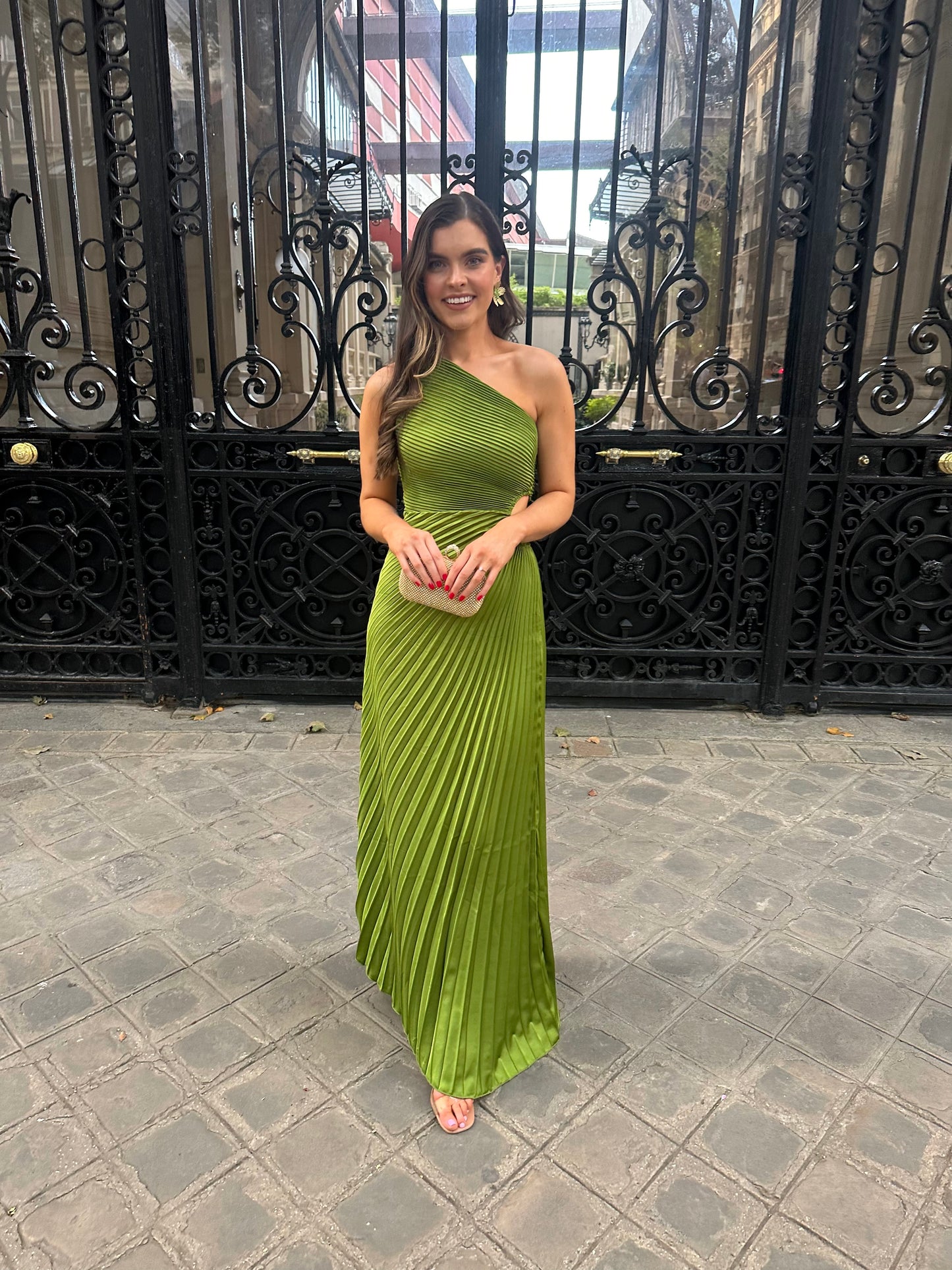 Pleated One Shoulder Maxi Dress in Green