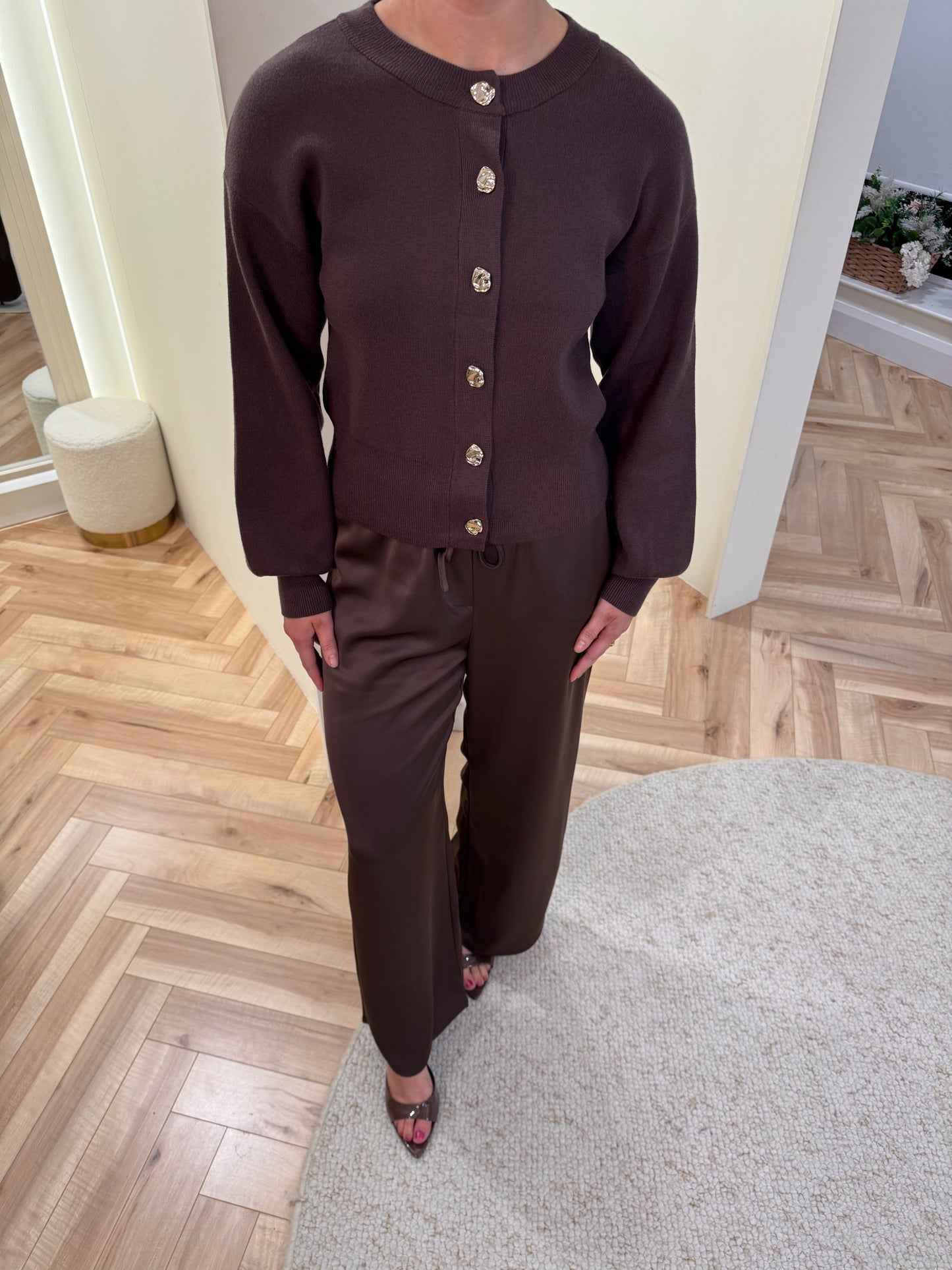 Breya Satin Drawstring Trousers in Brown