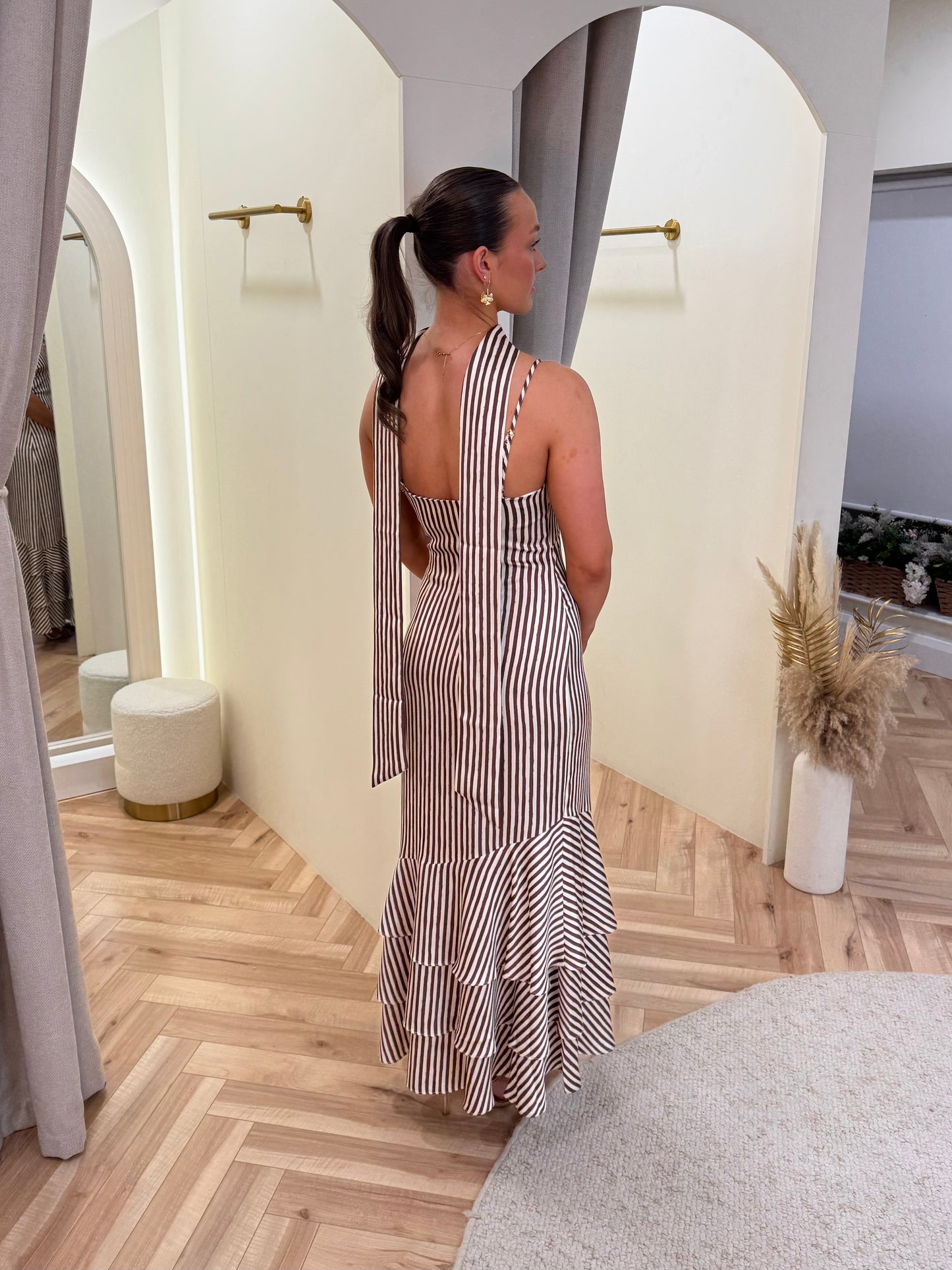 Serita Tiered Maxi Dress in Brown and Cream Stripe