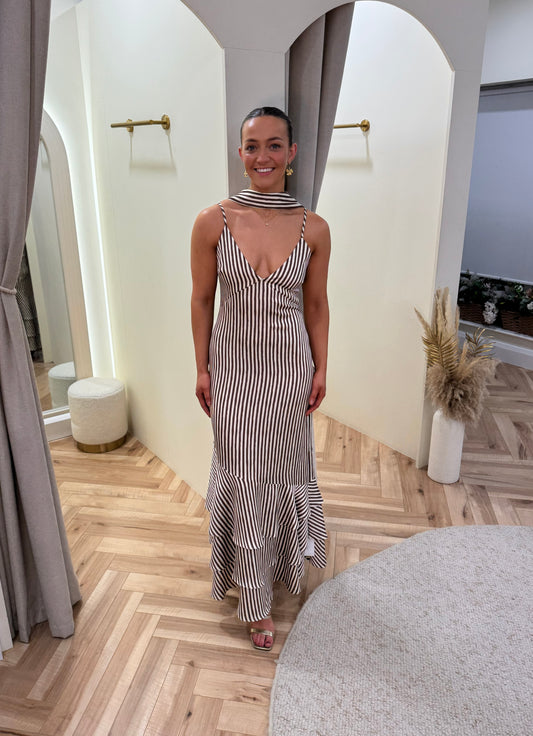 Serita Tiered Maxi Dress in Brown and Cream Stripe