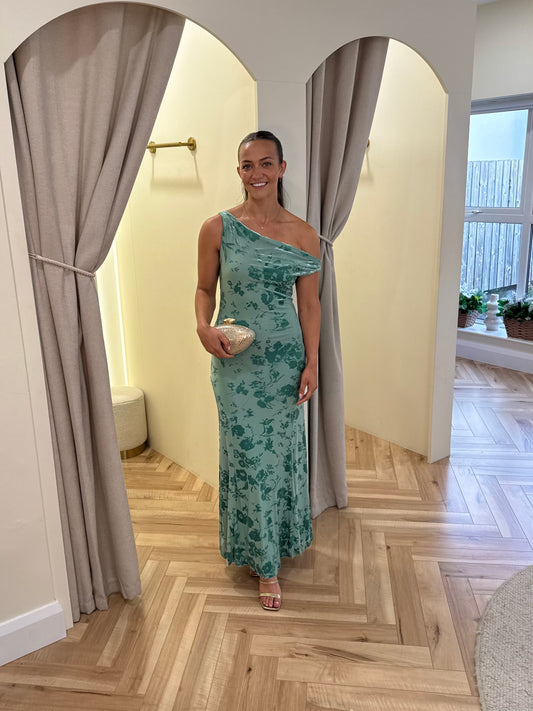 Blue Devore Fallen Shoulder Maxi Dress