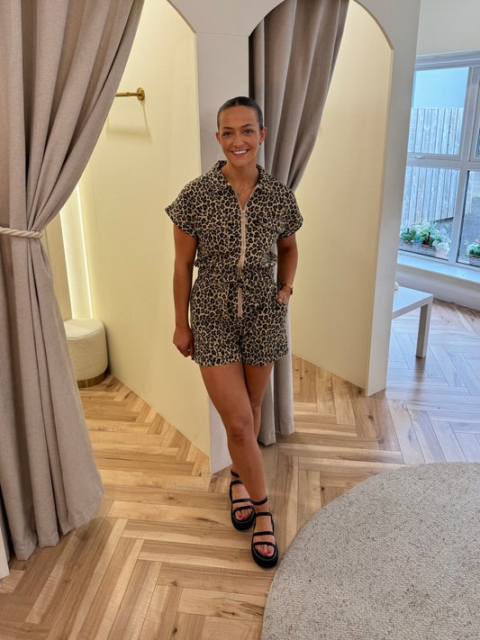 Kelly Denim Playsuit in Leopard Print