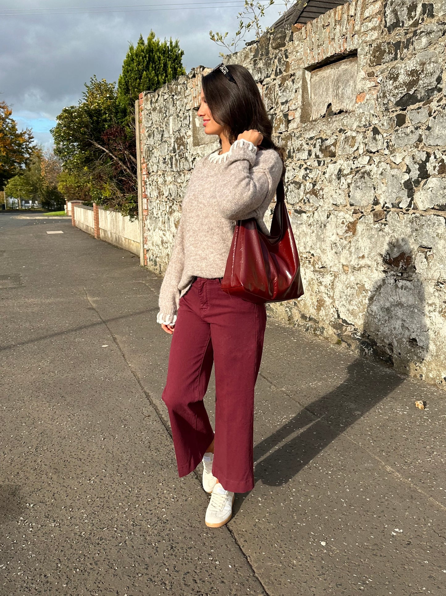 Burgundy Wide Leg Cropped Jeans