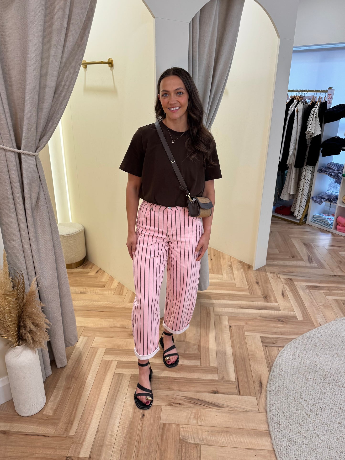 Pink and brown stripe balloon jeans
