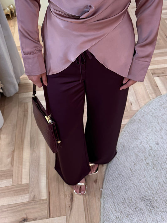 Breya Satin Drawstring Trousers in Fig