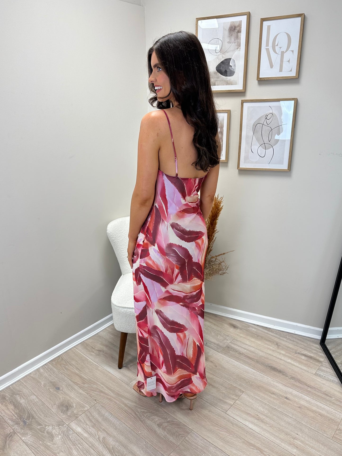 Keisha Asymmetric Cowl Maxi Dress in Feather Print