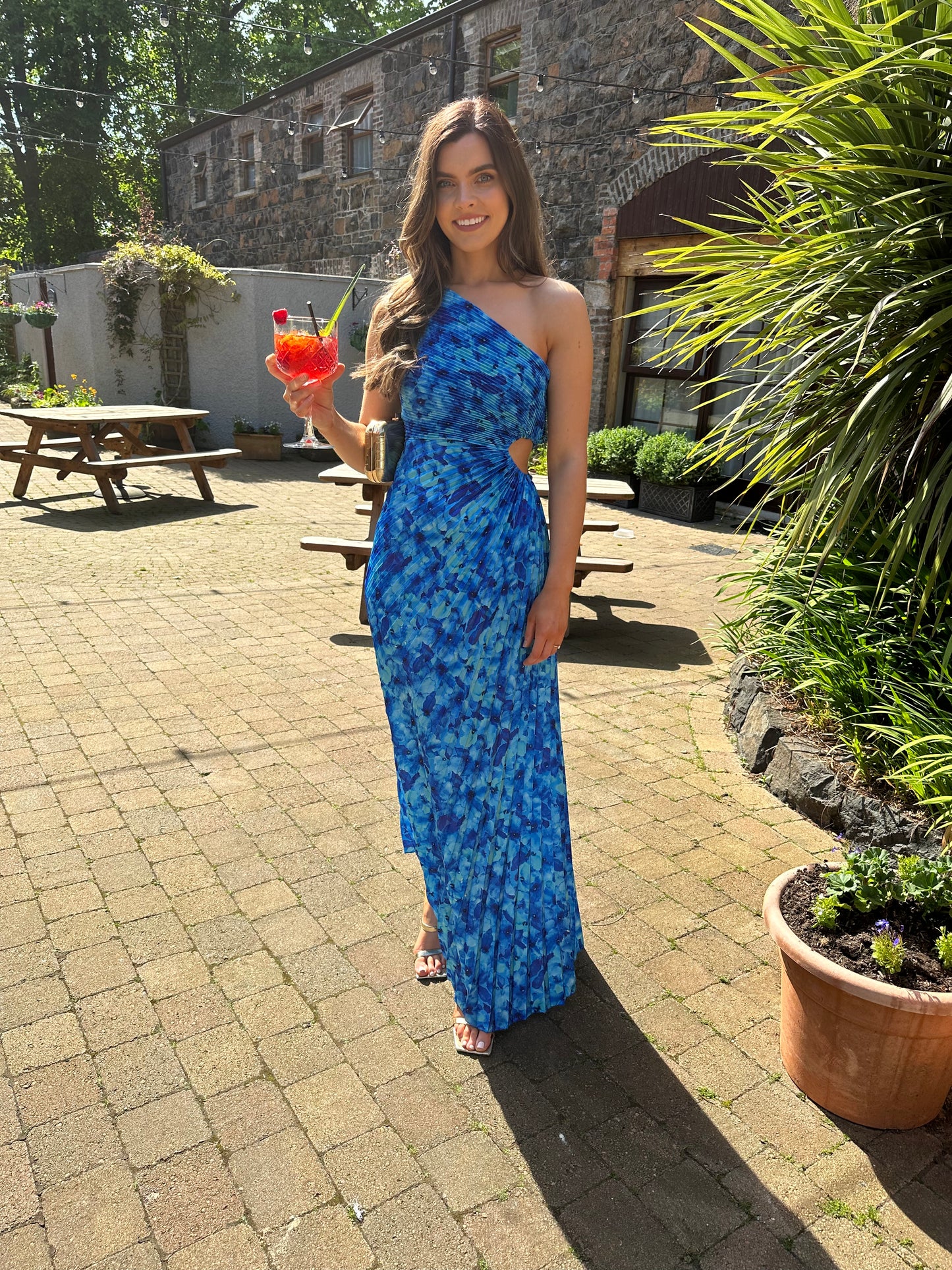 Pleated One Shoulder Maxi Dress in Blue