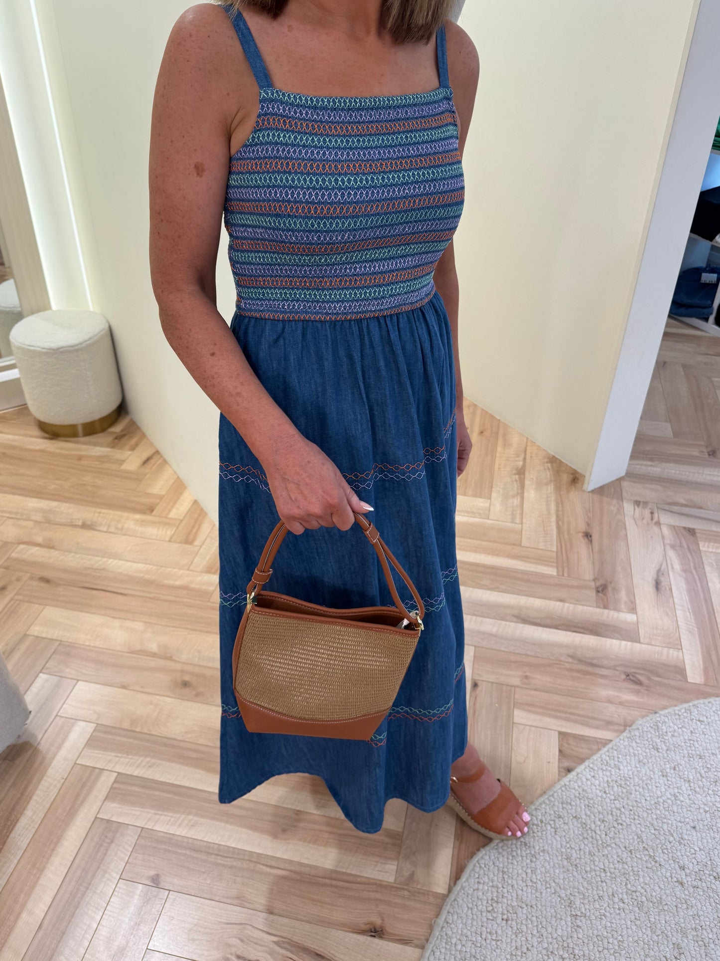 Sugarhill Brighton Murren Shirred Midi Dress - Washed Blue Denim