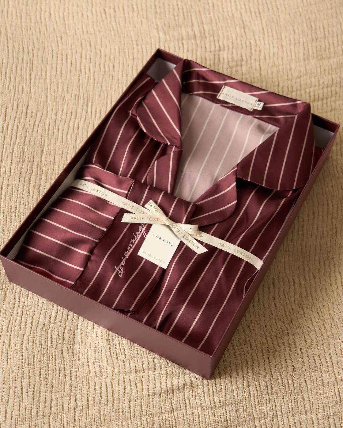 Stripe Print Pyjama Gift Set in Chocolate and Off White