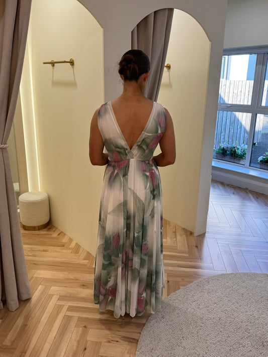 Green Floral Print Chiffon Maxi Dress