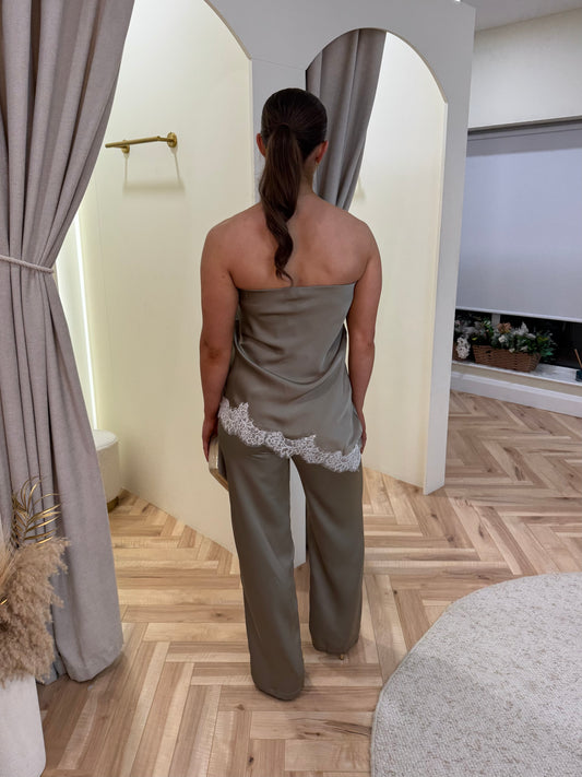 Carly Satin Trousers in Khaki