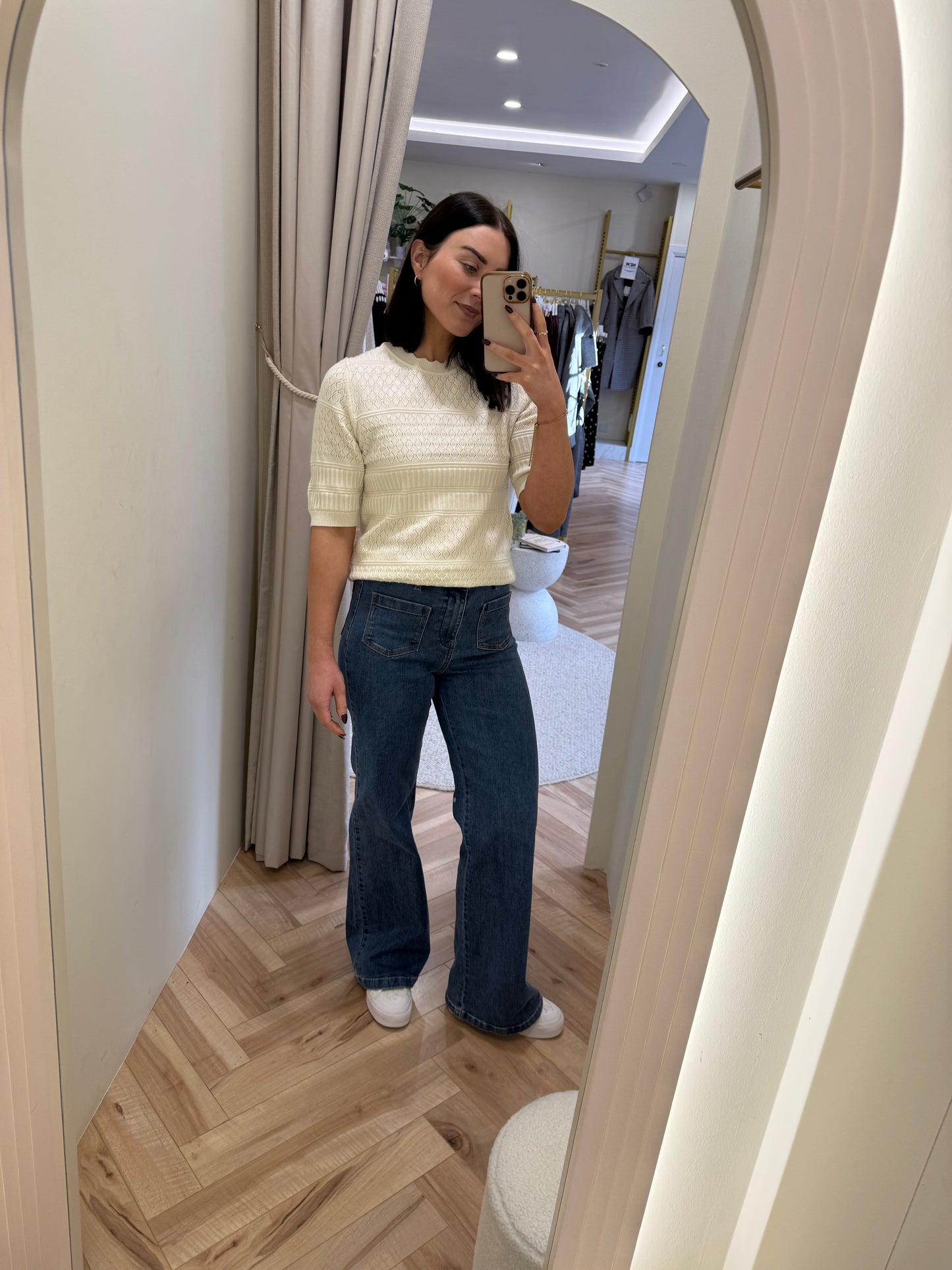 Vimilos S/S O neck Pointelle Top in Whisper White