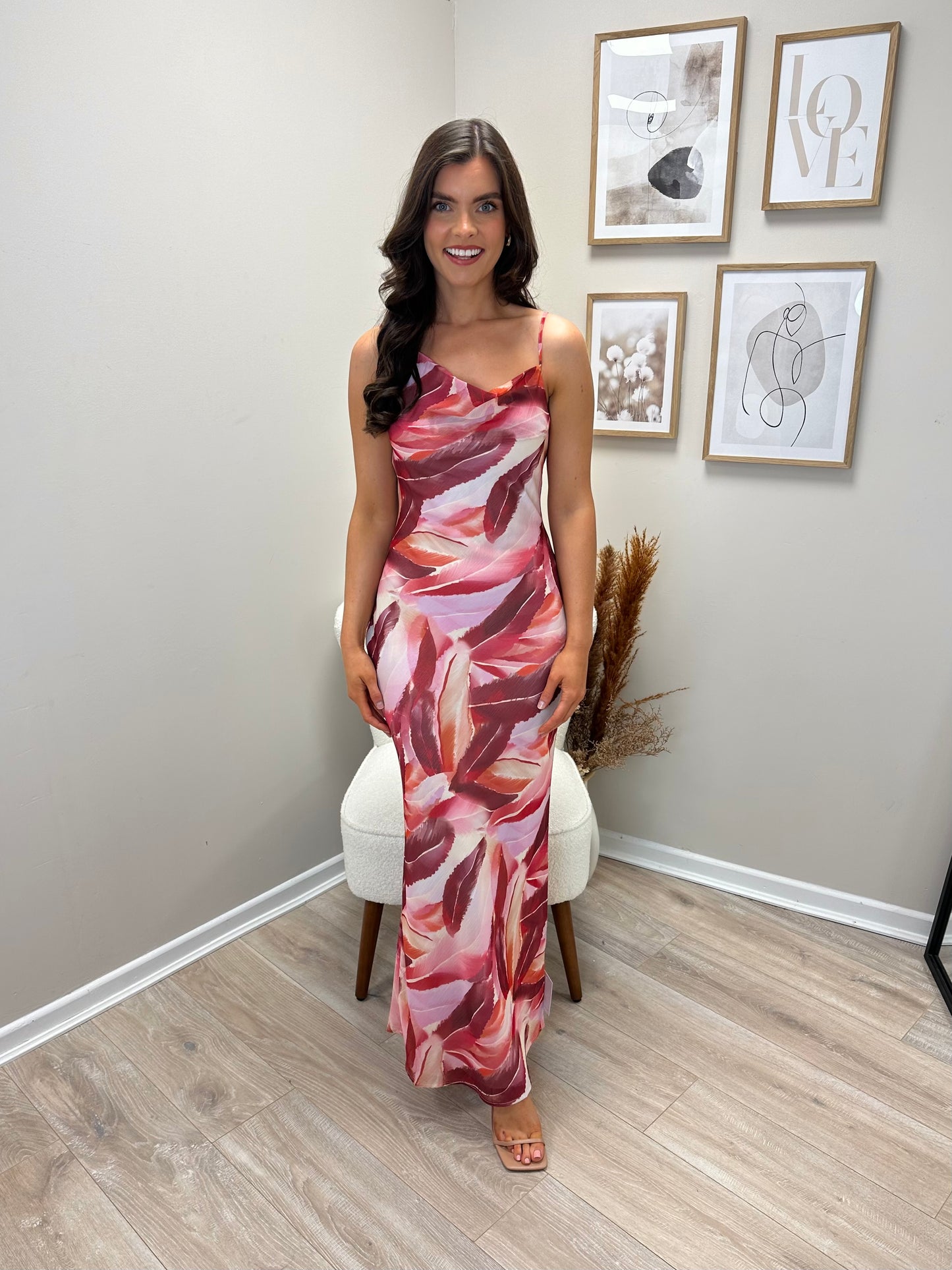 Keisha Asymmetric Cowl Maxi Dress in Feather Print