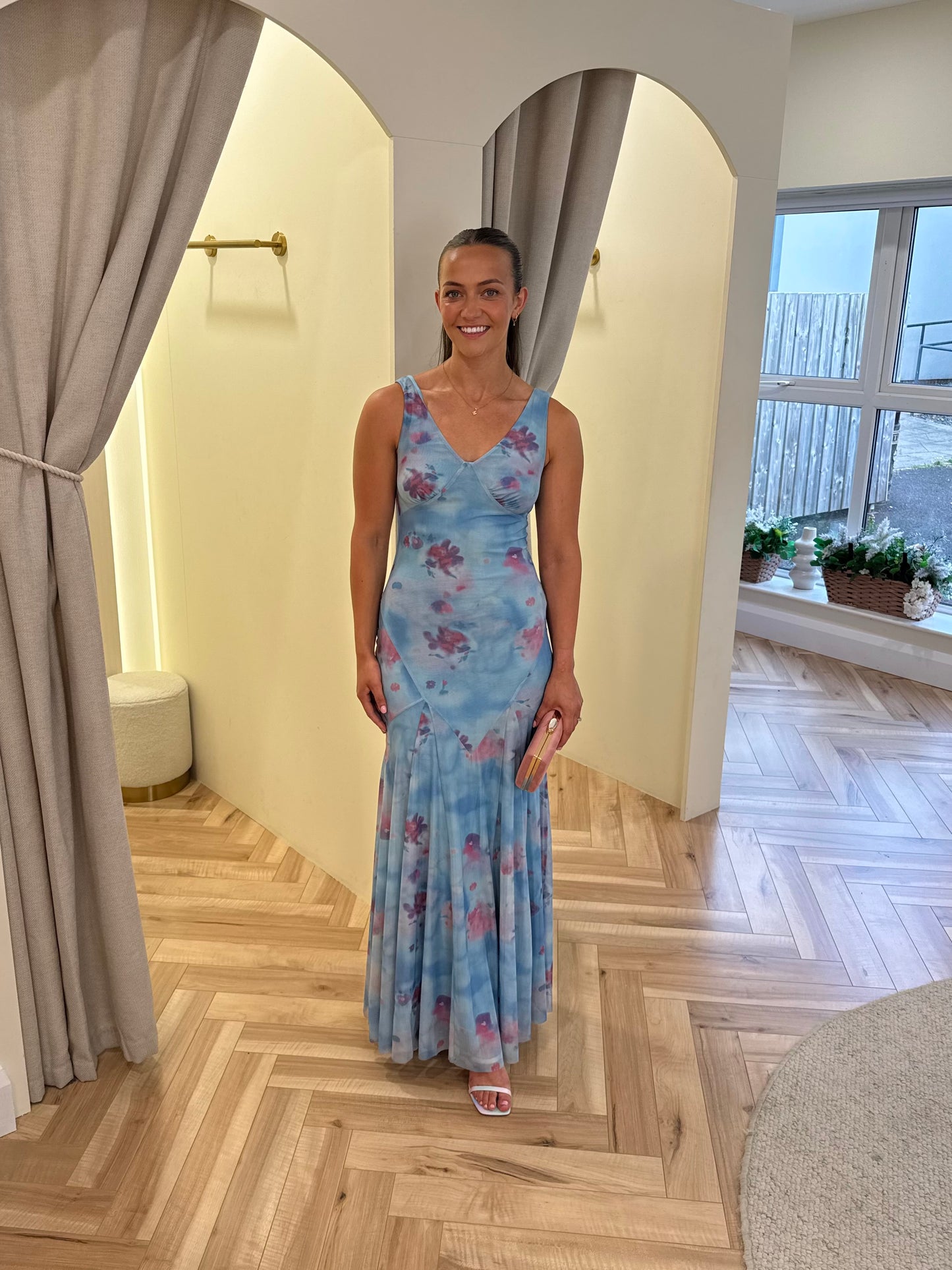 Blue Floral Blur Godet Maxi Dress