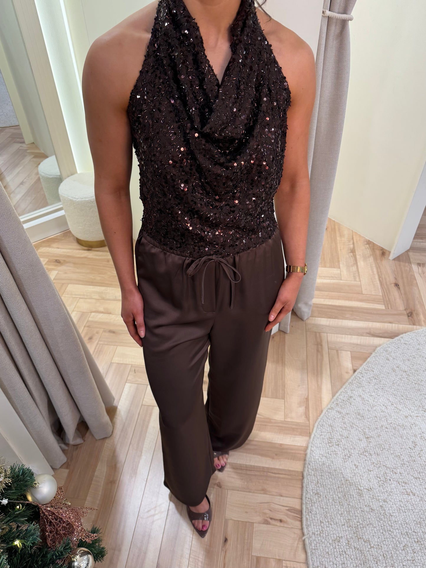 Cowl Neck Sequin Top in Brown