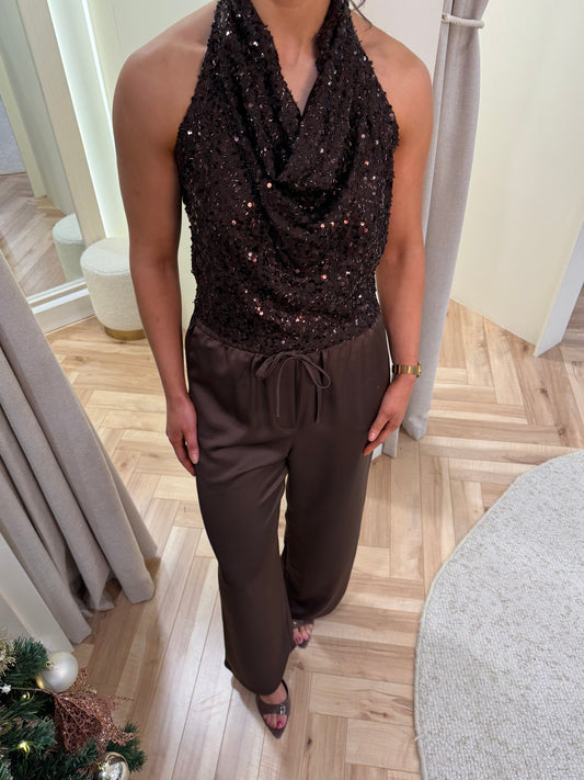 Cowl Neck Sequin Top in Brown