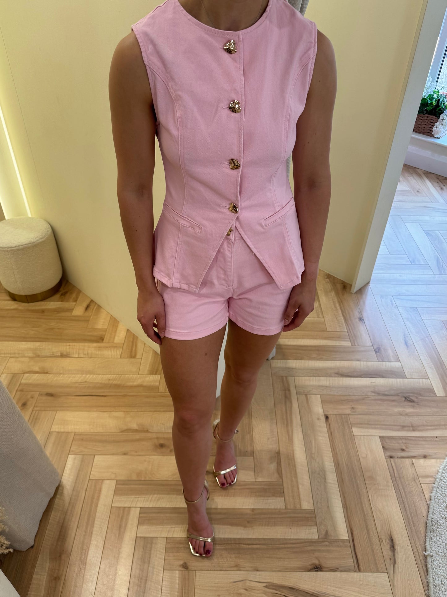 Katie Denim Waistcoat in Baby Pink