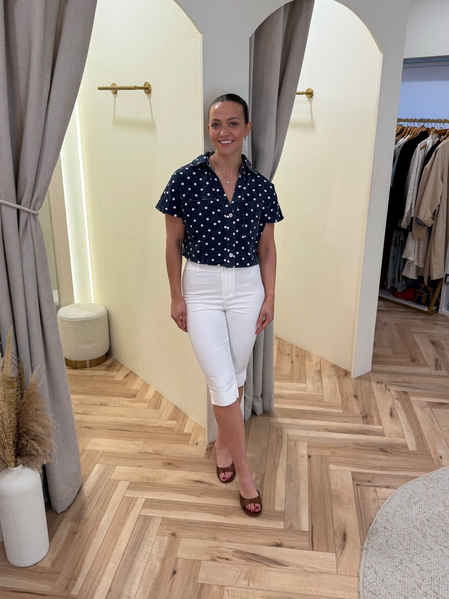 Kali Polka Dot Denim Top in Navy