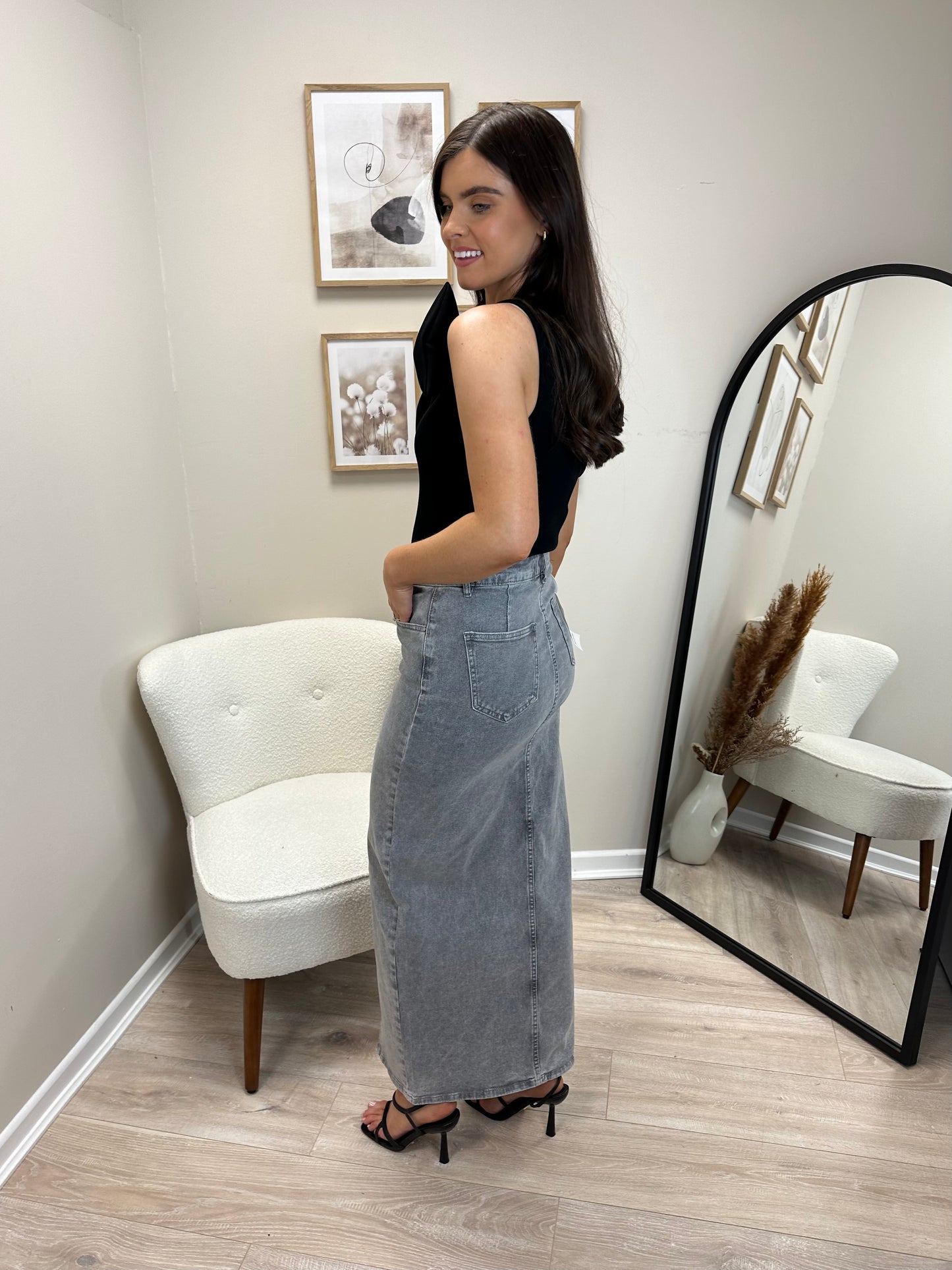 Grey Denim Maxi Skirt